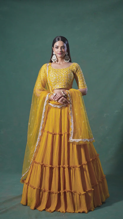 Yellow Georgette Ruffle Lehenga Choli (18 Meter Flair) For Indian Festivals & Weddings - Sequence Embroidery Work, Thread Embroidery Work,