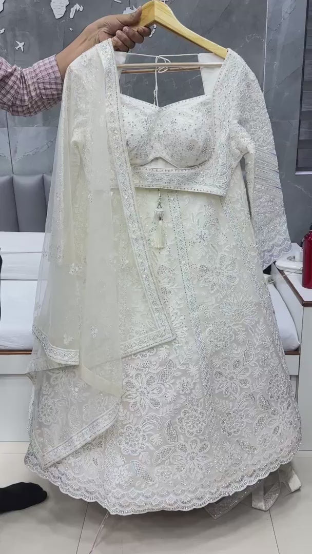 Off White Net Lehenga Choli (5 Meter Flair) For Indian Festivals & Pakistani Weddings Dress - Embroidery Work, Zarkan Work