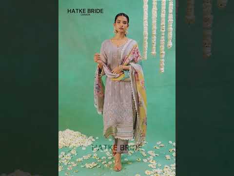 Brownish Grey Organza Silk Kameez With Pant For Indian & Pakistani Wedding - Thread Embroidery Work, Print Work