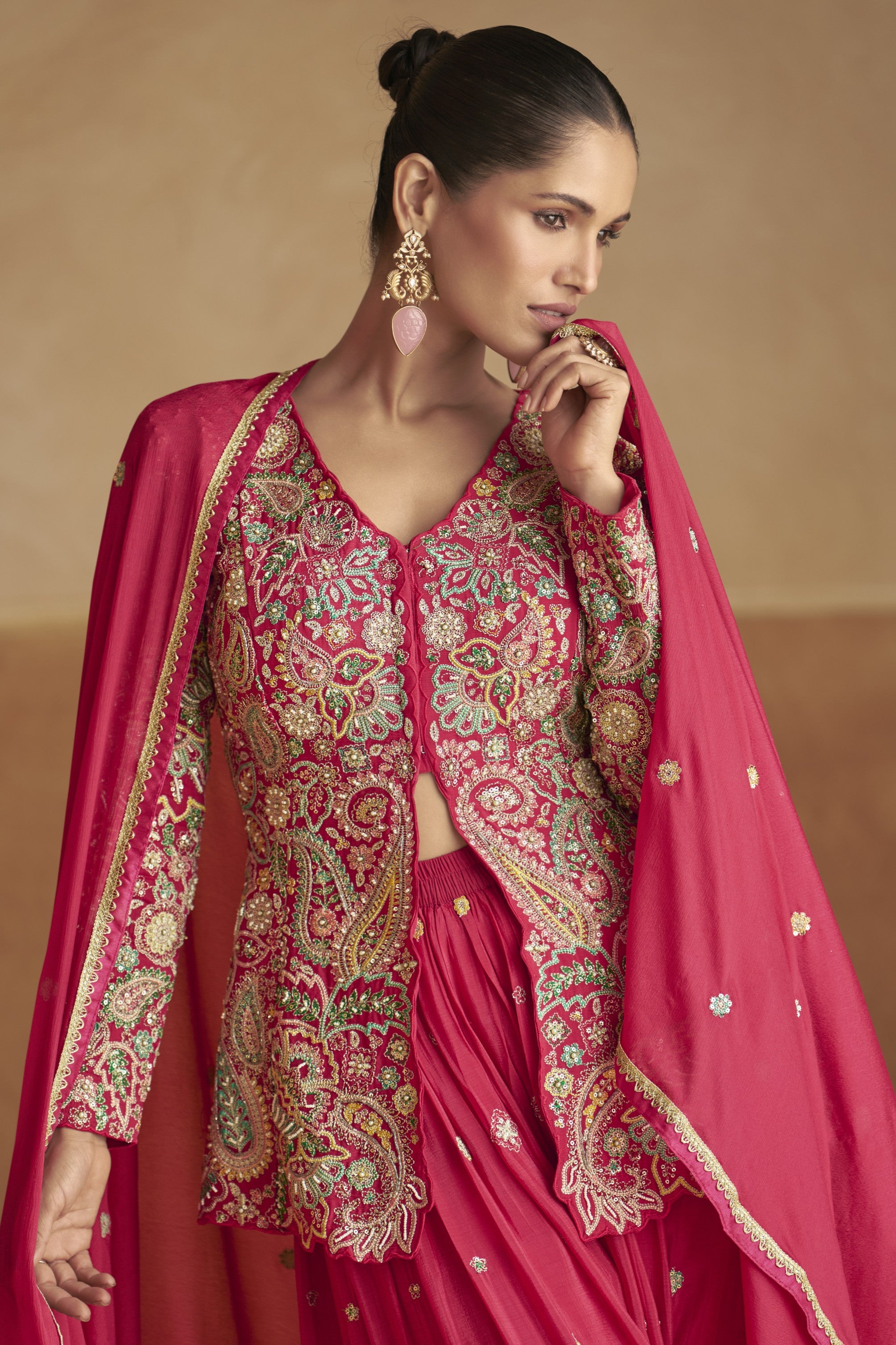 Red Chinon Silk Kameez With Palazo Suit For Indian & Pakistani Wedding Festival - Thread & Sequence Embroidery