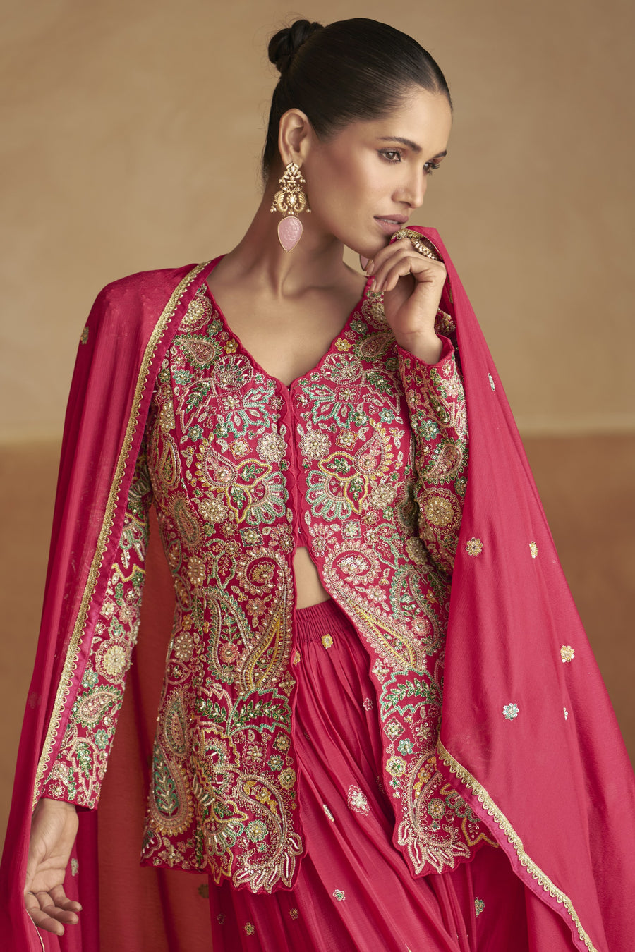 Red Chinon Silk Kameez With Palazo Suit For Indian & Pakistani Wedding Festival - Thread & Sequence Embroidery