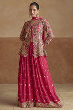 Red Chinon Silk Kameez With Palazo Suit For Indian & Pakistani Wedding Festival - Thread & Sequence Embroidery