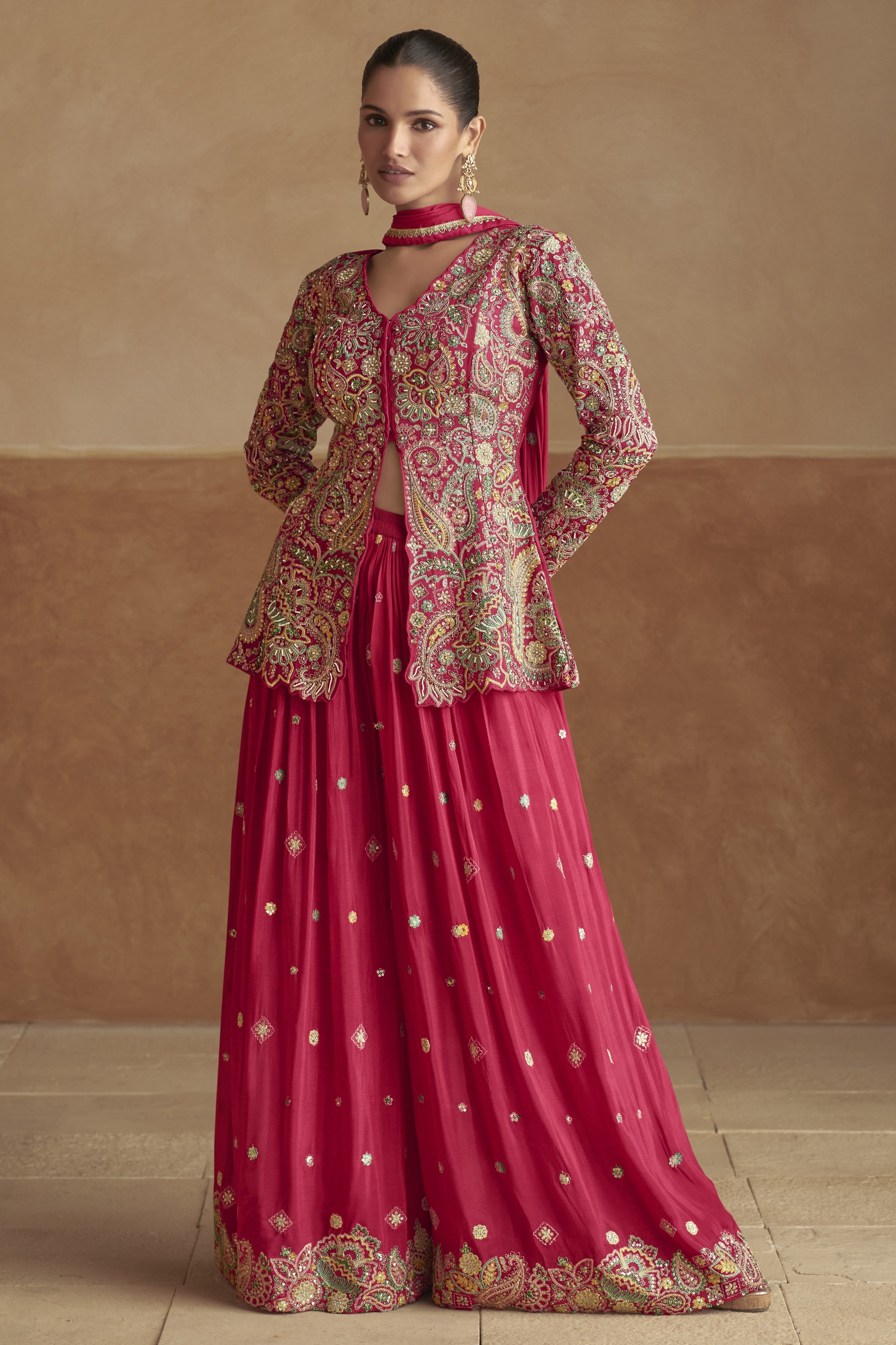 Red Chinon Silk Kameez With Palazo Suit For Indian & Pakistani Wedding Festival - Thread & Sequence Embroidery
