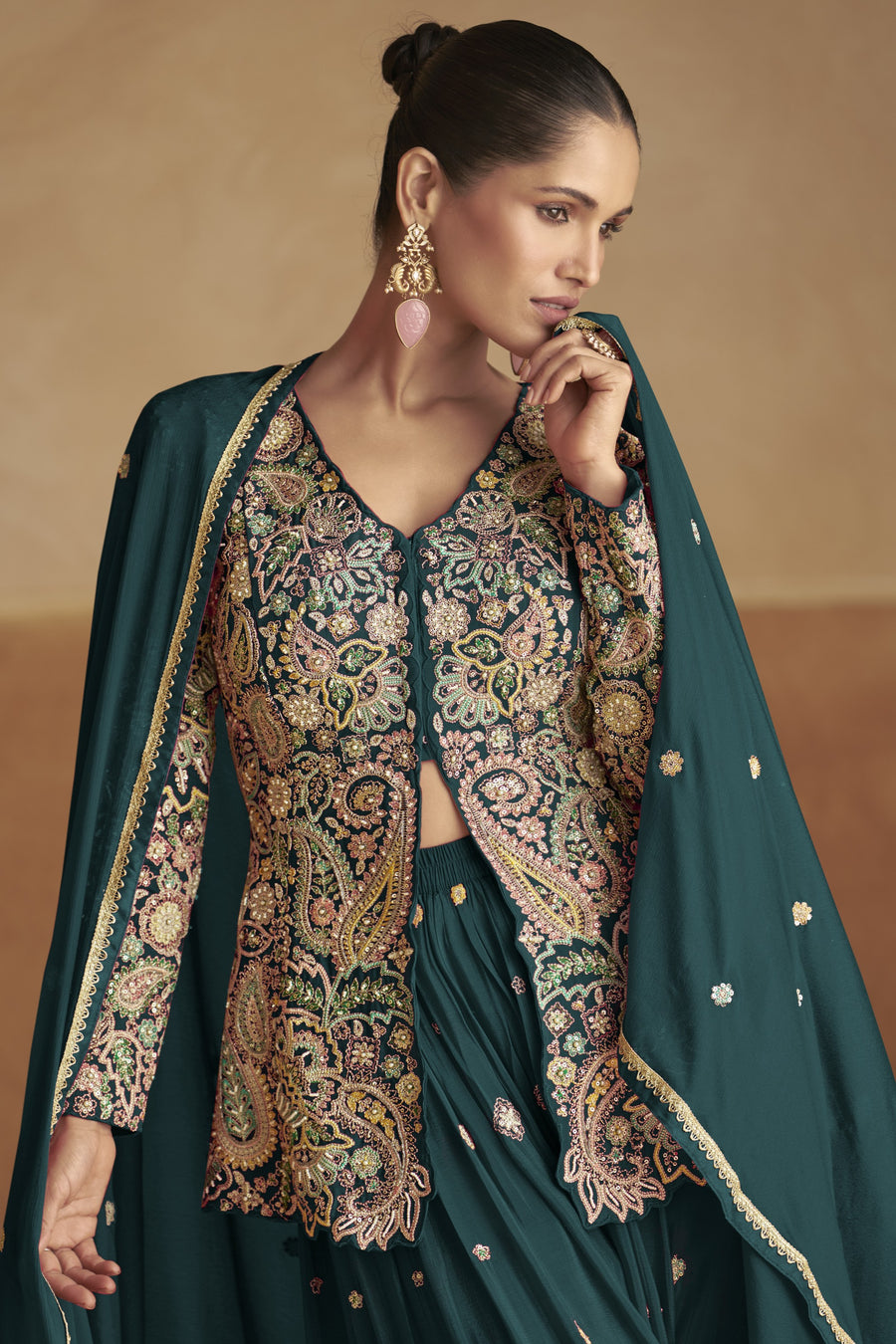 Green Chinon Silk Kameez With Palazo Suit For Indian & Pakistani Wedding Festival - Thread & Sequence Embroidery