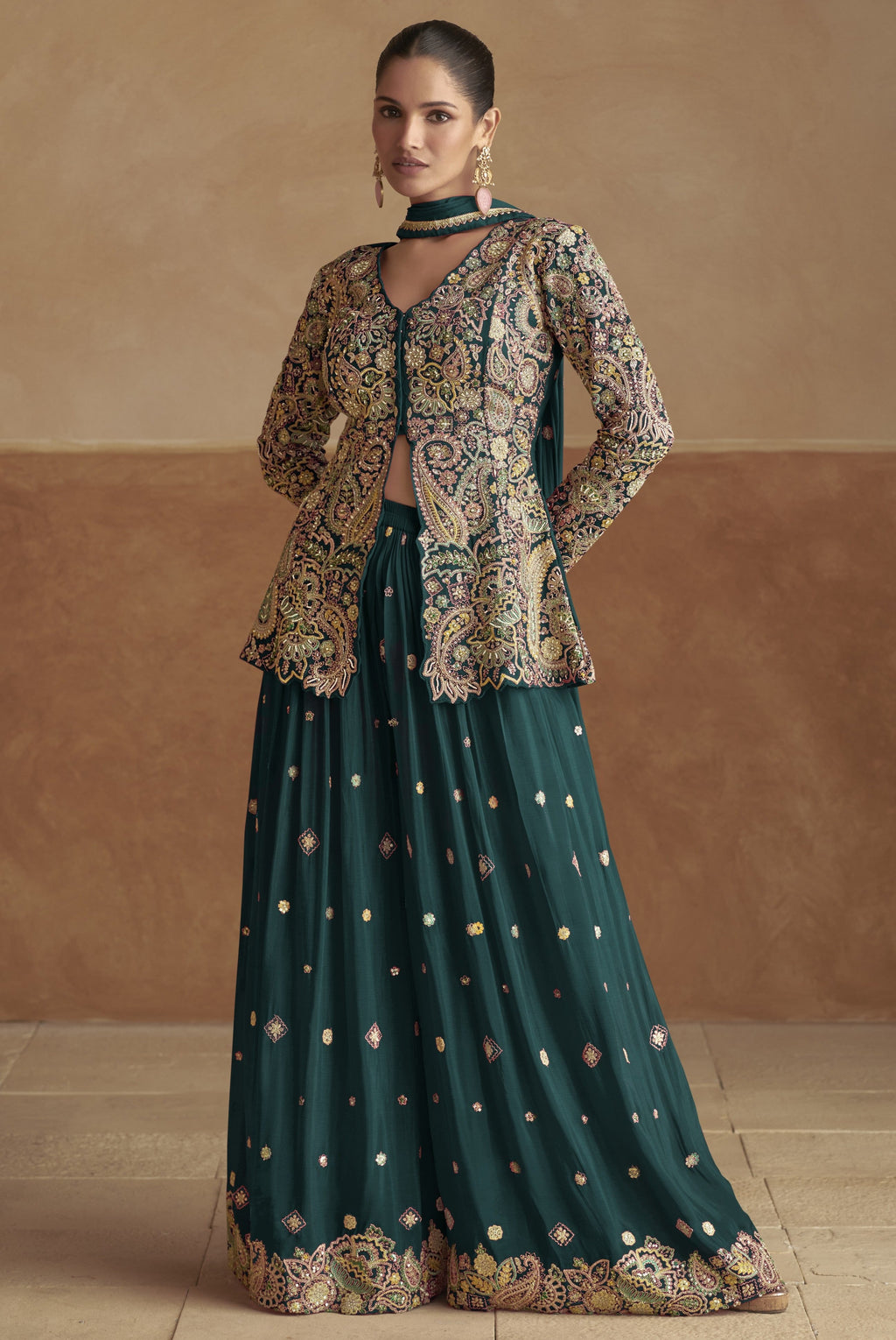Green Chinon Silk Kameez With Palazo Suit For Indian & Pakistani Wedding Festival - Thread & Sequence Embroidery