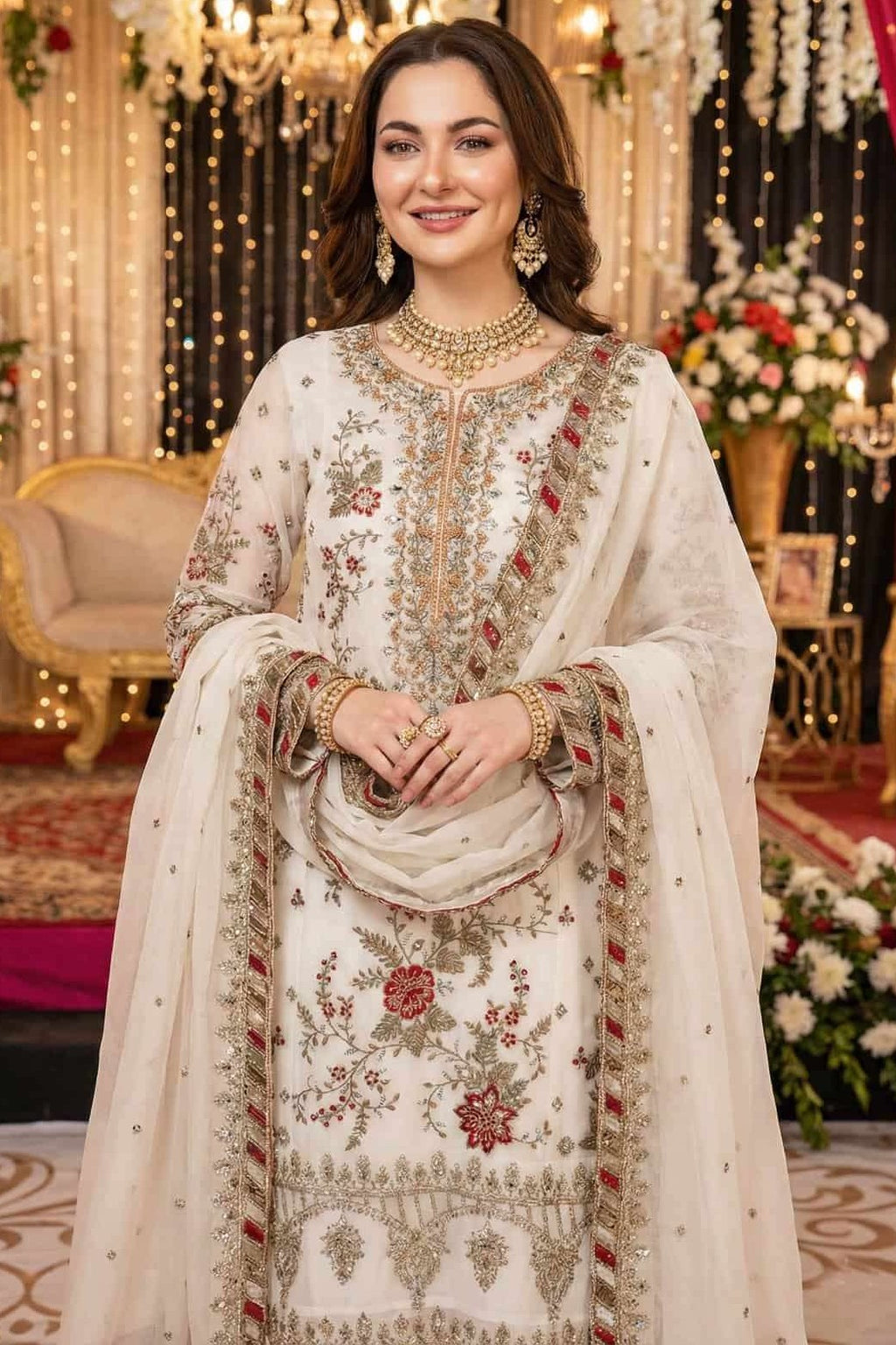 Off White Chiffon Kameez with Pant For Weddings - Sequins Embroidery Work