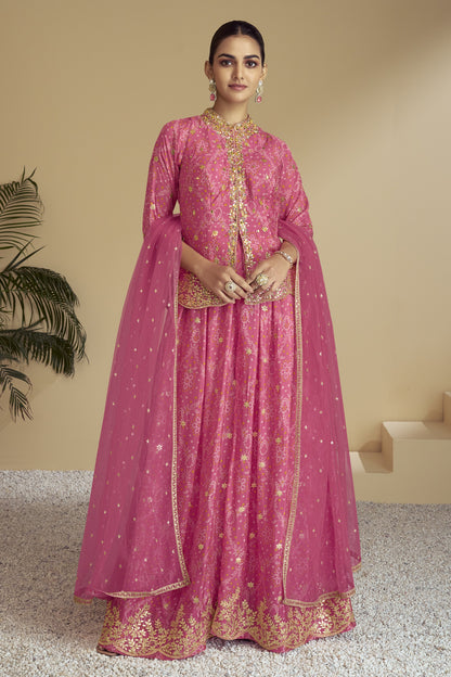 Pink Chinon Silk Bandhani Style Pattern Palazzo Suit For Indian Festivals & Weddings - Embroidery Work, Mirror Work, Print Work