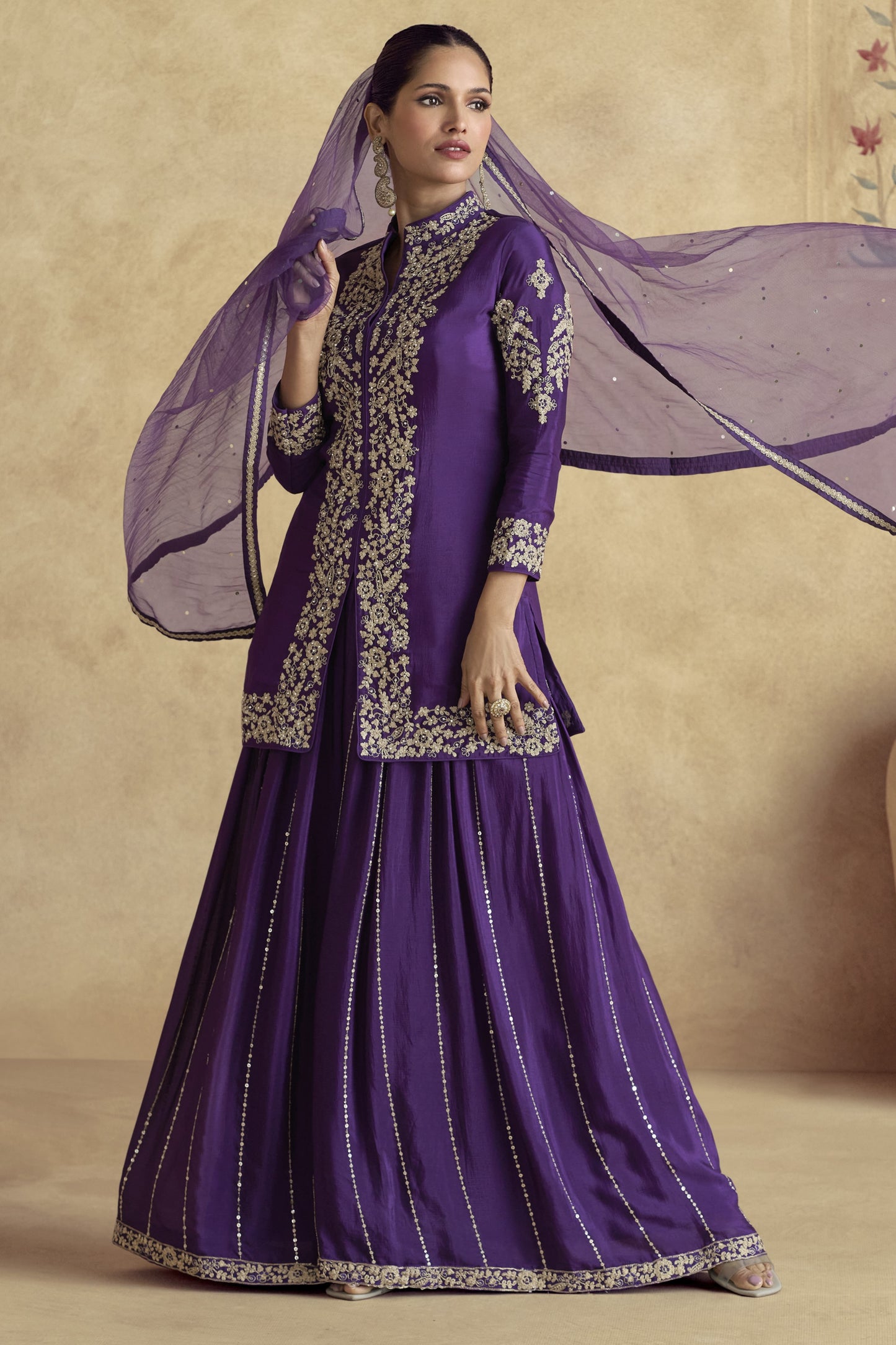 Blue Chinon Silk Palazzo Suit For Wedding & Festival - Embroidery Work