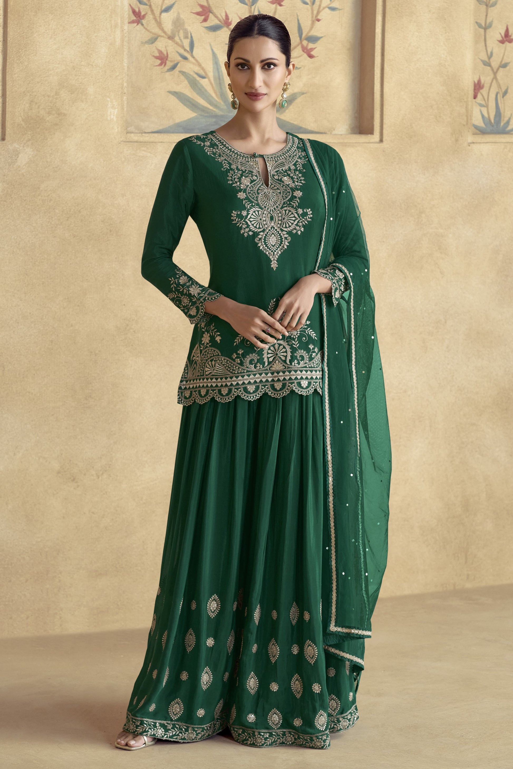 Green Chinon Silk Palazzo Suit For Wedding & Festival - Embroidery Work