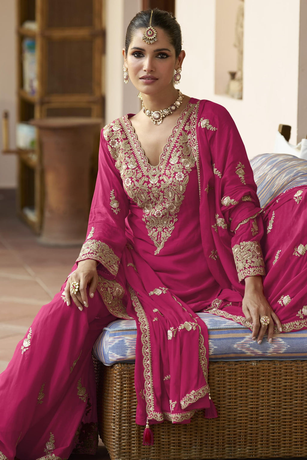 Pink Chinon Silk Plazo Suit For Indian & Pakistani Wedding Festival - Sequence & Thread Embroidery Work, Dori Work