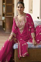 Pink Chinon Silk Plazo Suit For Indian & Pakistani Wedding Festival - Sequence & Thread Embroidery Work, Dori Work