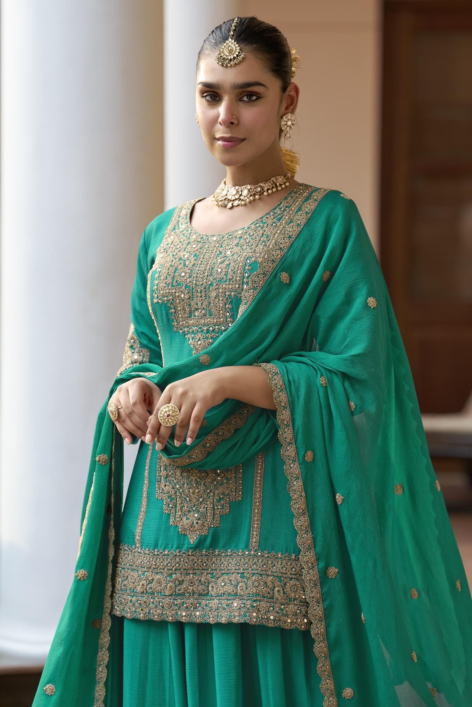 Teal Chinon Silk Plazo Suit For Indian & Pakistani Wedding Festival - Sequence & Thread Embroidery Work, Dori Work