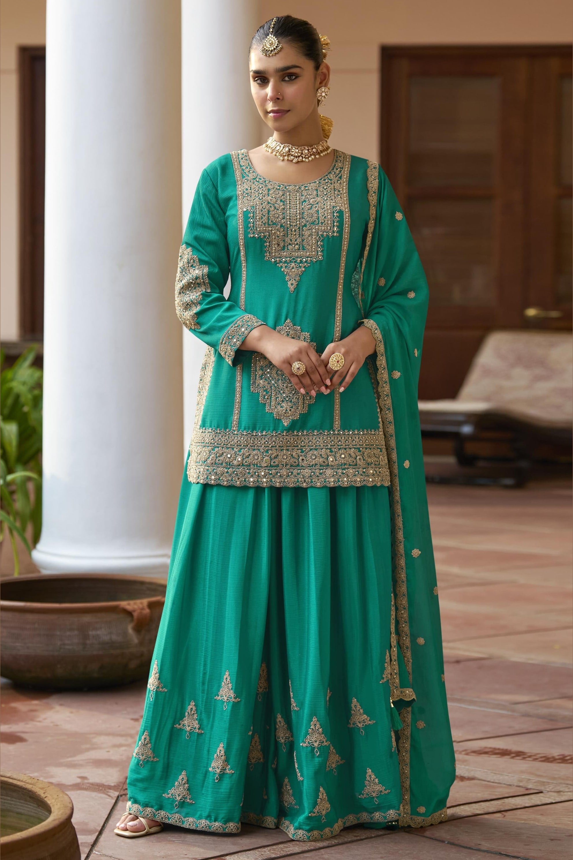 Teal Chinon Silk Plazo Suit For Indian & Pakistani Wedding Festival - Sequence & Thread Embroidery Work, Dori Work