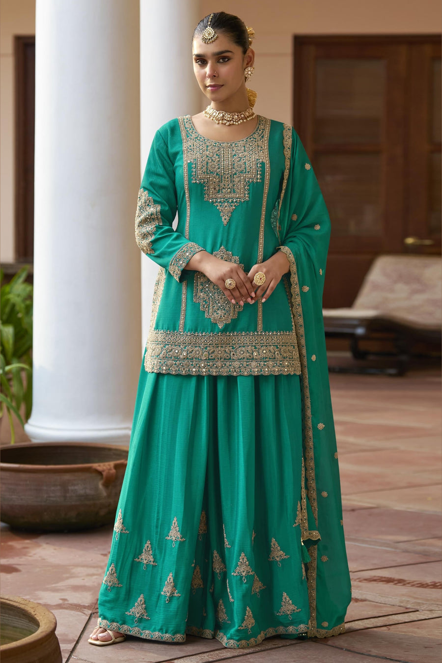 Teal Chinon Silk Plazo Suit For Indian & Pakistani Wedding Festival - Sequence & Thread Embroidery Work, Dori Work