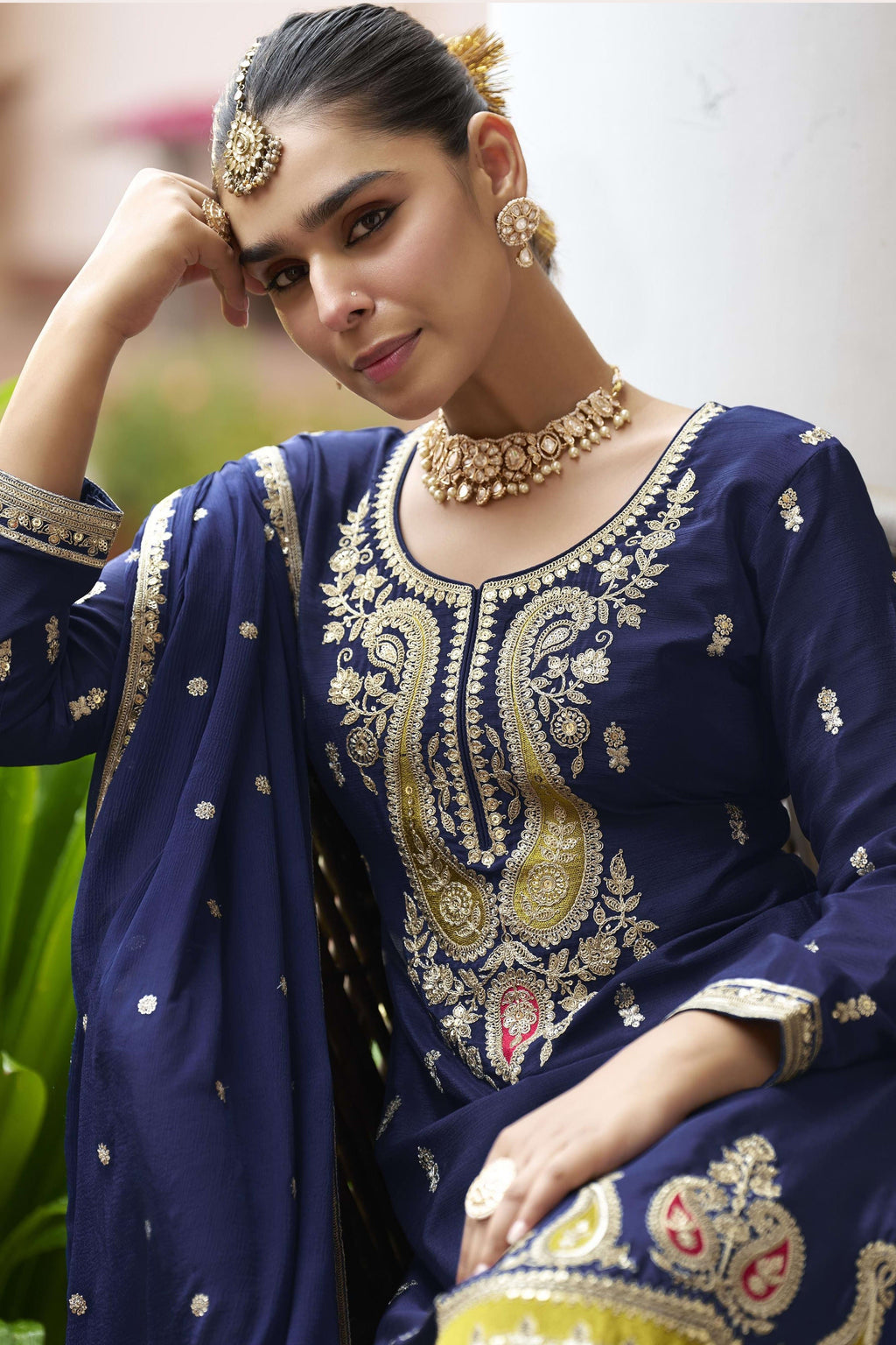 Blue Chinon Silk Plazo Suit For Indian & Pakistani Wedding Festival - Sequence & Thread Embroidery Work, Dori Work