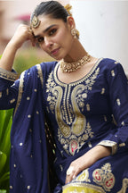 Blue Chinon Silk Plazo Suit For Indian & Pakistani Wedding Festival - Sequence & Thread Embroidery Work, Dori Work