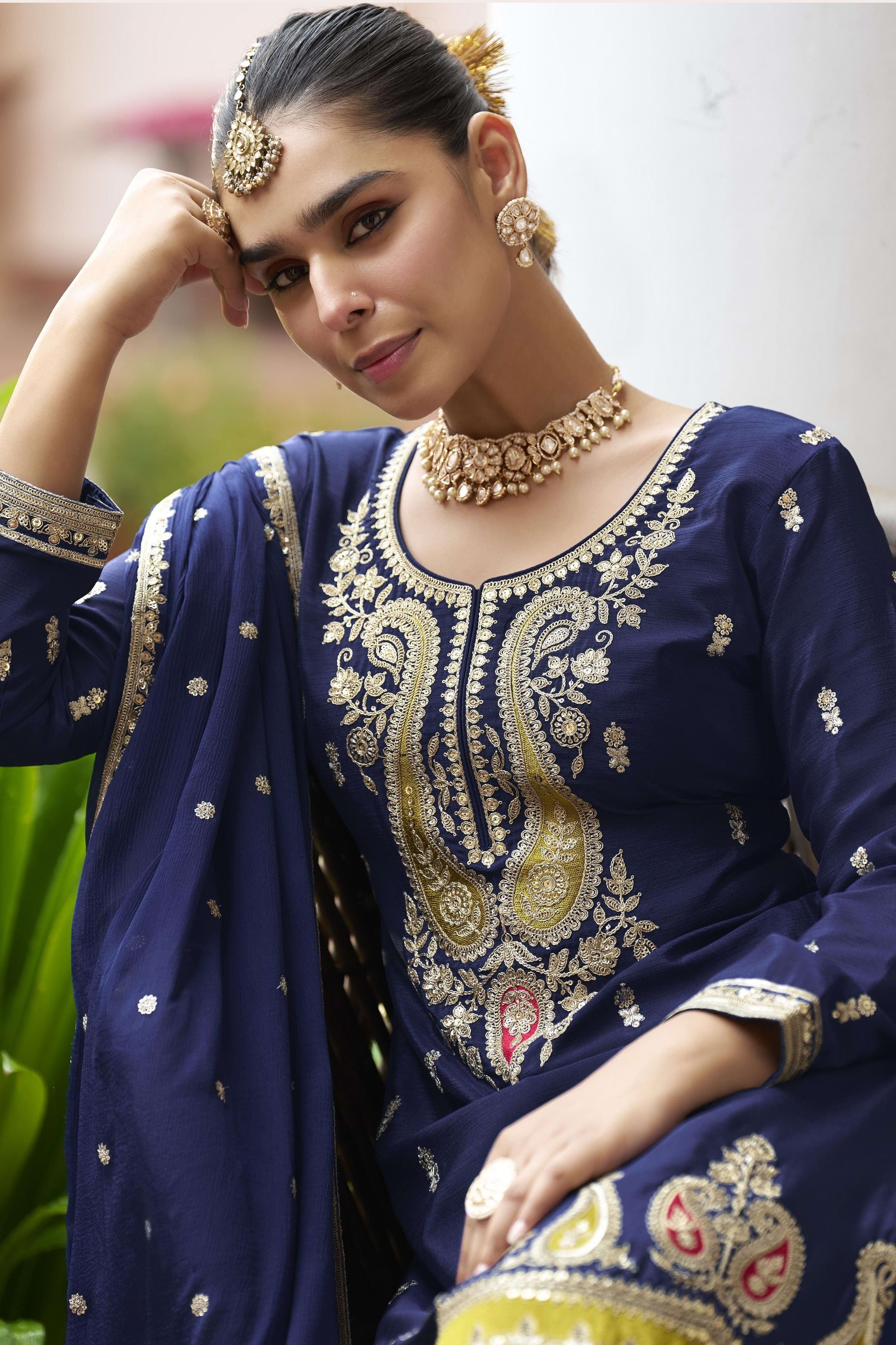 Blue Chinon Silk Plazo Suit For Indian & Pakistani Wedding Festival - Sequence & Thread Embroidery Work, Dori Work
