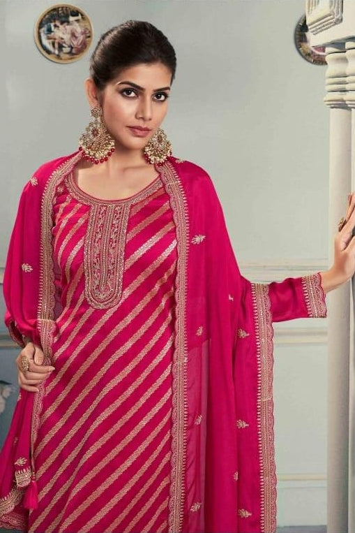 Red Jacquard Silk Plazo Suit For Indian & Pakistani Wedding Festival - Embroidery Work