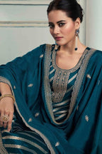 Teal Jacquard Silk Plazo Suit For Indian & Pakistani Wedding Festival - Embroidery Work
