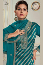 Green Jacquard Silk Plazo Suit For Indian & Pakistani Wedding Festival - Embroidery Work