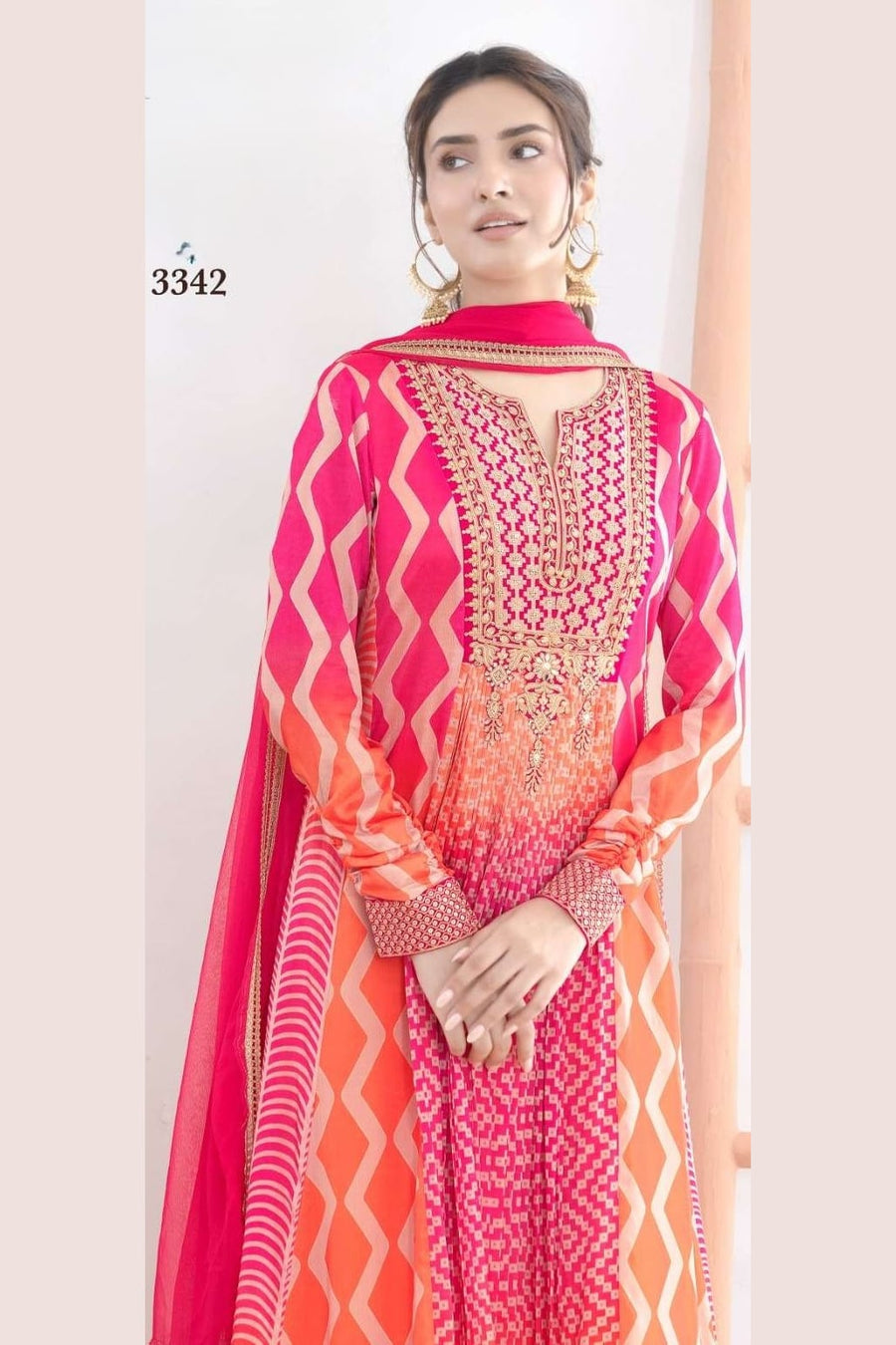 Pink Chinon Silk Dual Color Anarkali Suit For Indian & Pakistani Wedding Festival - Motif Work, Print Work, Resham Embroidery Work