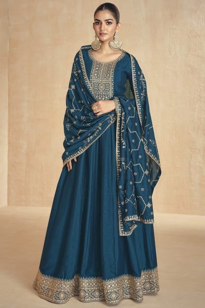 Teal Chinon Silk Floor Full Length Anarkali Gown For Indian Festivals & Weddings - Embroidery Work