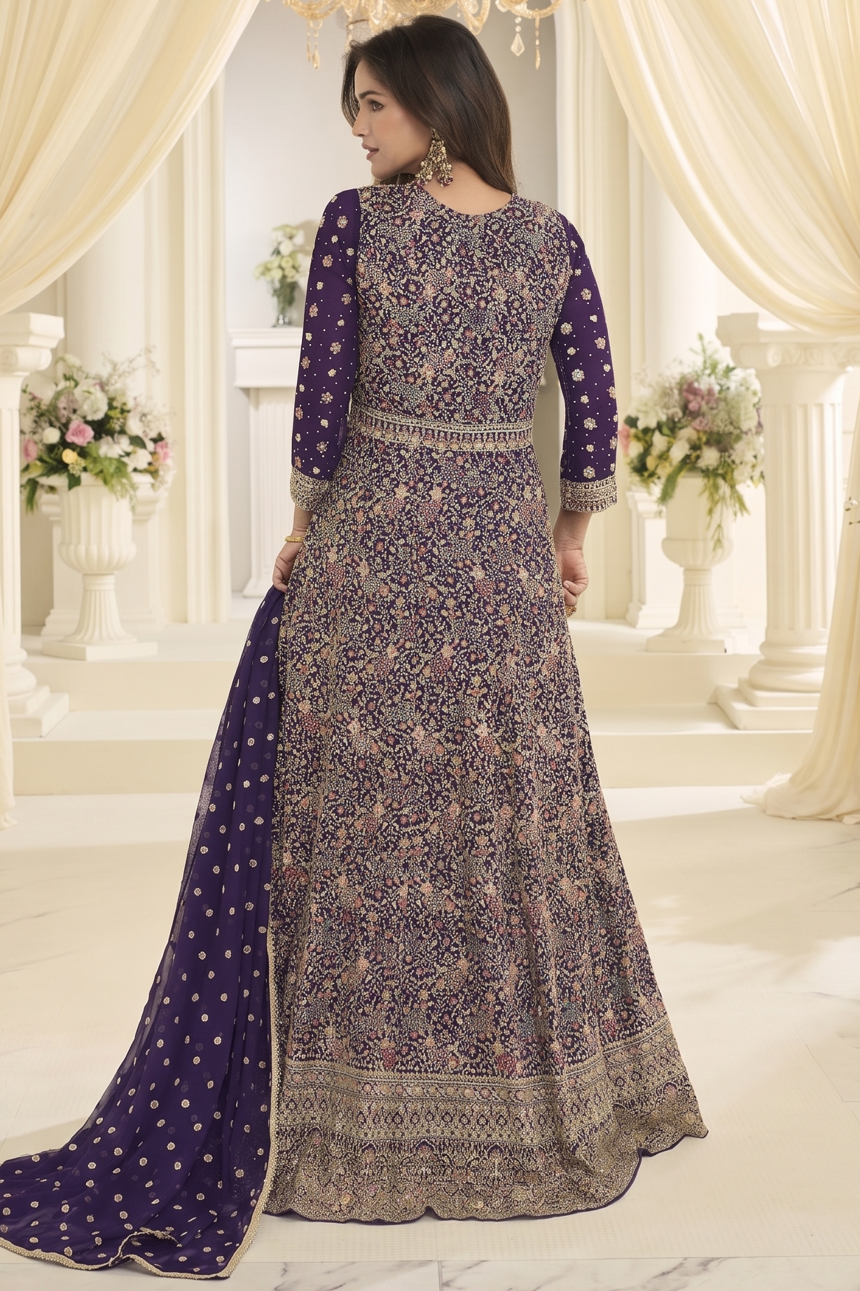 Purple Georgette Anarkali Dress for Sangeet with Zari and Resham Work