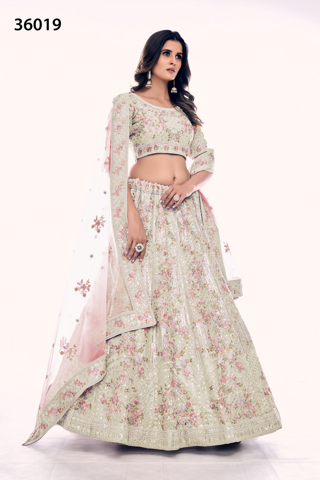 Off White Pakistani Net Lehenga Choli For Indian Festivals & Weddings - Sequence Embroidery Work, Thread Embroidery Work, Dori Work, Zarkan Work