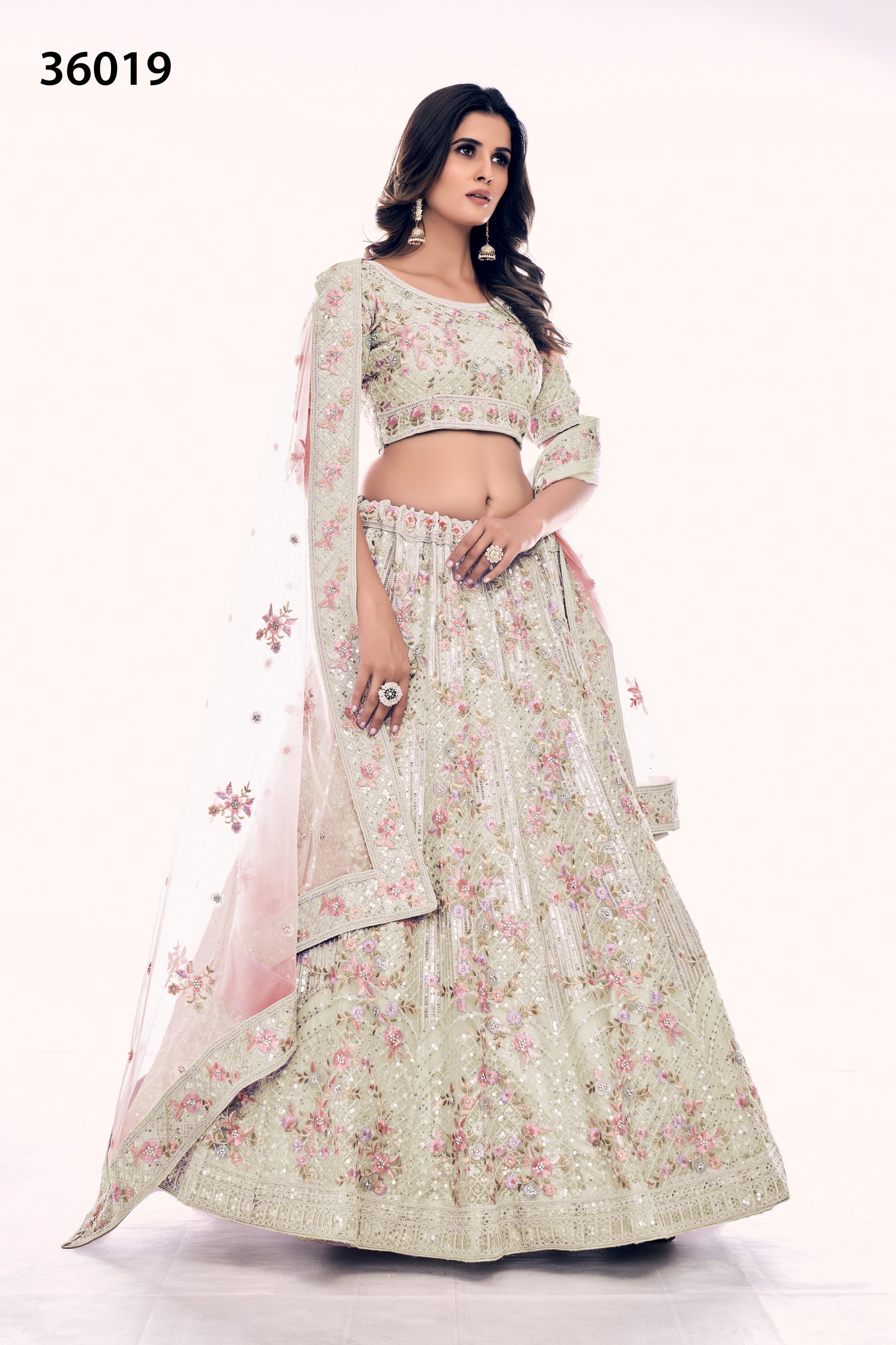 Off White Pakistani Net Lehenga Choli For Indian Festivals & Weddings - Sequence Embroidery Work, Thread Embroidery Work, Dori Work, Zarkan Work