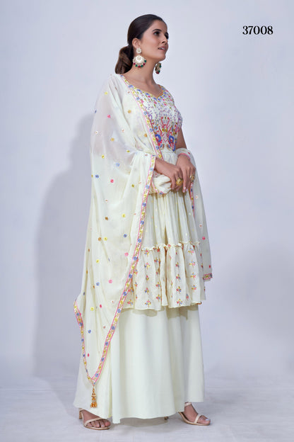 Cream Pakistani Chiffon Plazo For Indian Festivals & Weddings - Thread Embroidery Work, Mirror Work, Beads Work