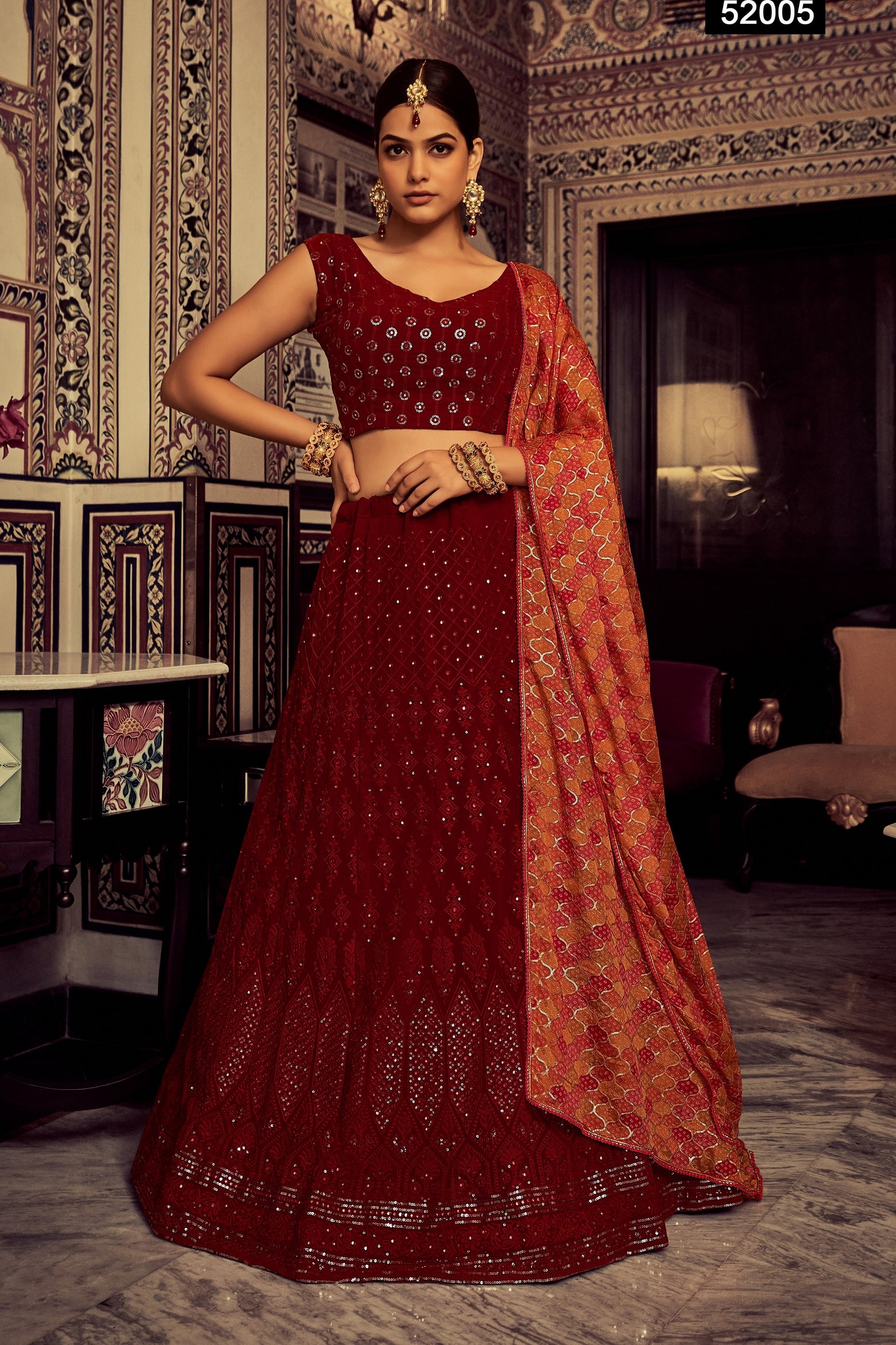 Dark Red Pakistani Georgette Lehenga Choli For Indian Festivals & Weddings - Sequence Embroidery Work, Thread Embroidery Work,