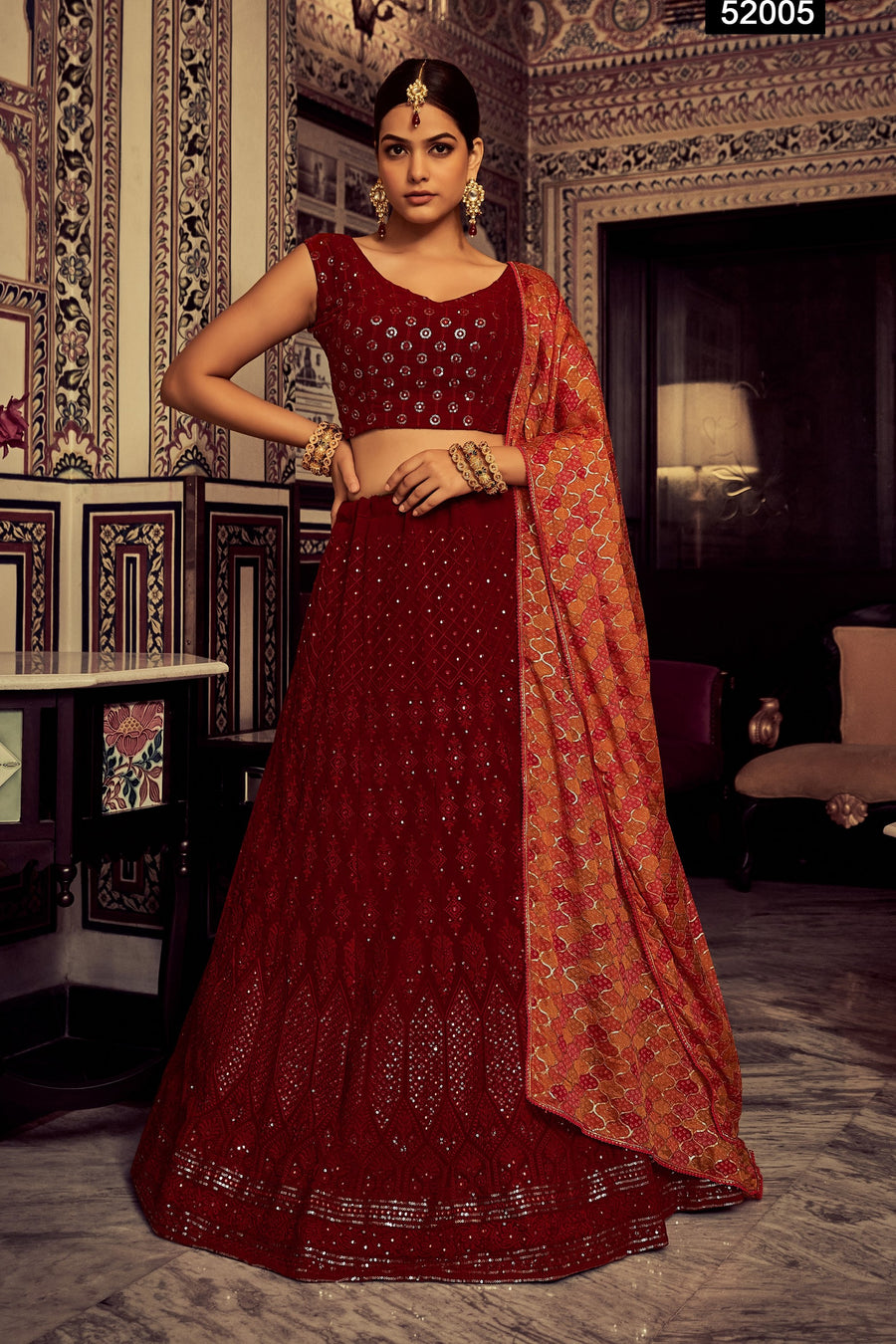 Dark Red Pakistani Georgette Lehenga Choli For Indian Festivals & Weddings - Sequence Embroidery Work, Thread Embroidery Work,