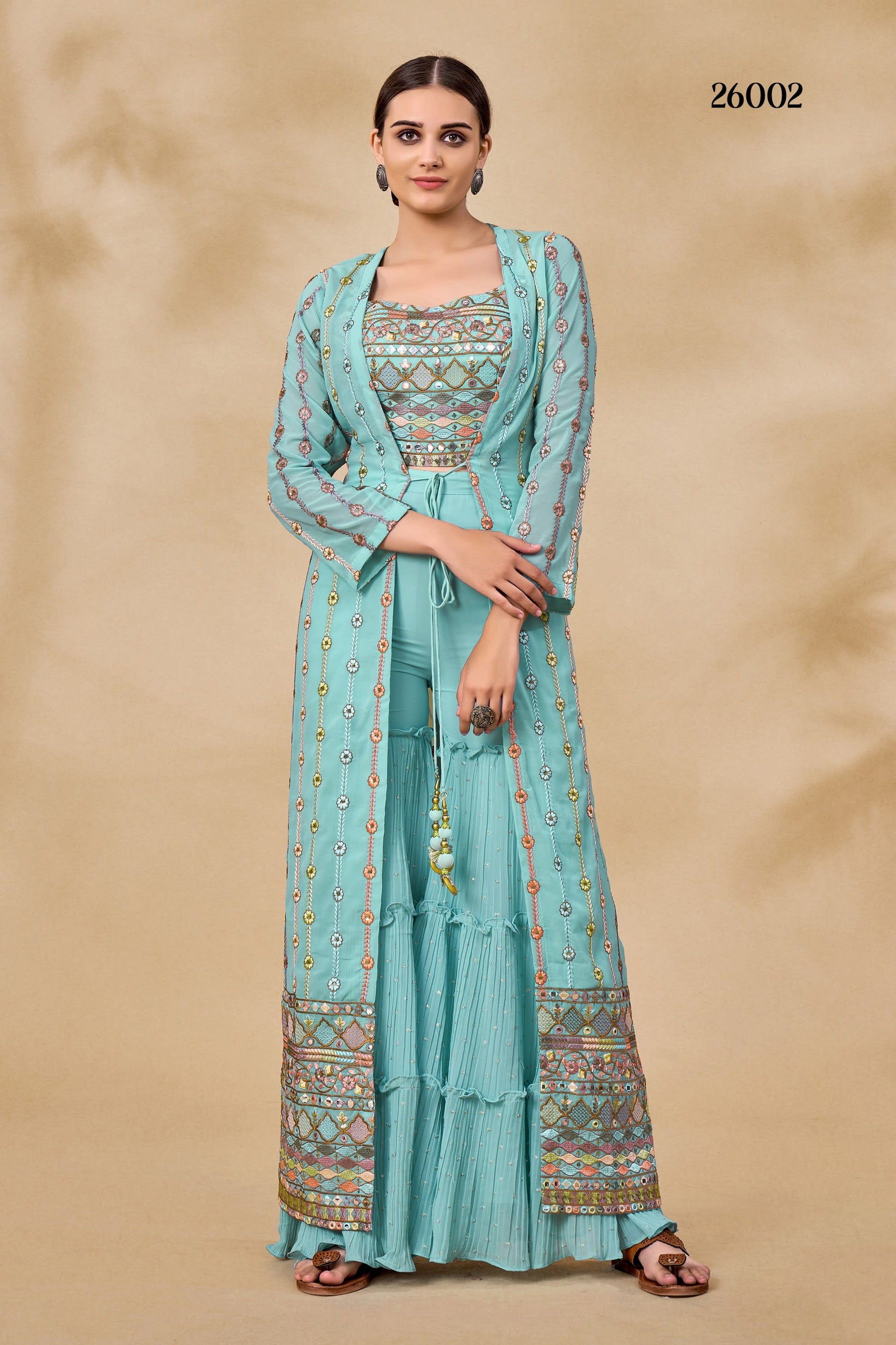 Sky Blue Pakistani Georgette Plazo For Indian Festivals & Weddings - Sequence Embroidery Work, Resham Embroidery Work, Mirror Work, Zari Work