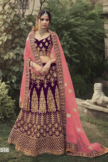 Wine Pakistani Satin Lehenga Choli For Indian Festivals & Weddings - Thread Embroidery Work, Stone Work, Zari Work, Dori Work