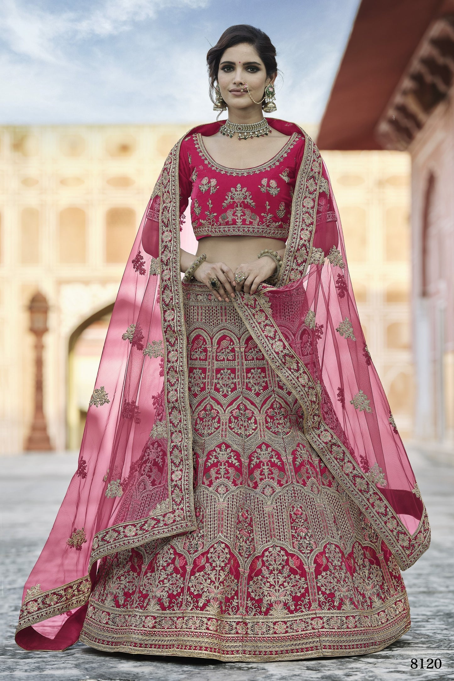 Pink Pakistani Velvet Lehenga Choli For Indian Festivals & Weddings - Thread Embroidery Work,