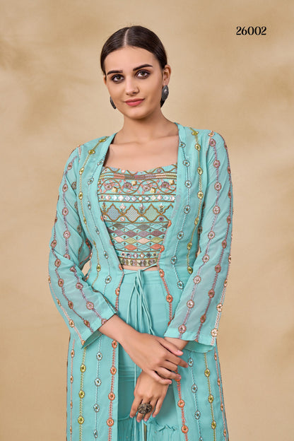 Sky Blue Pakistani Georgette Plazo For Indian Festivals & Weddings - Sequence Embroidery Work, Resham Embroidery Work, Mirror Work, Zari Work