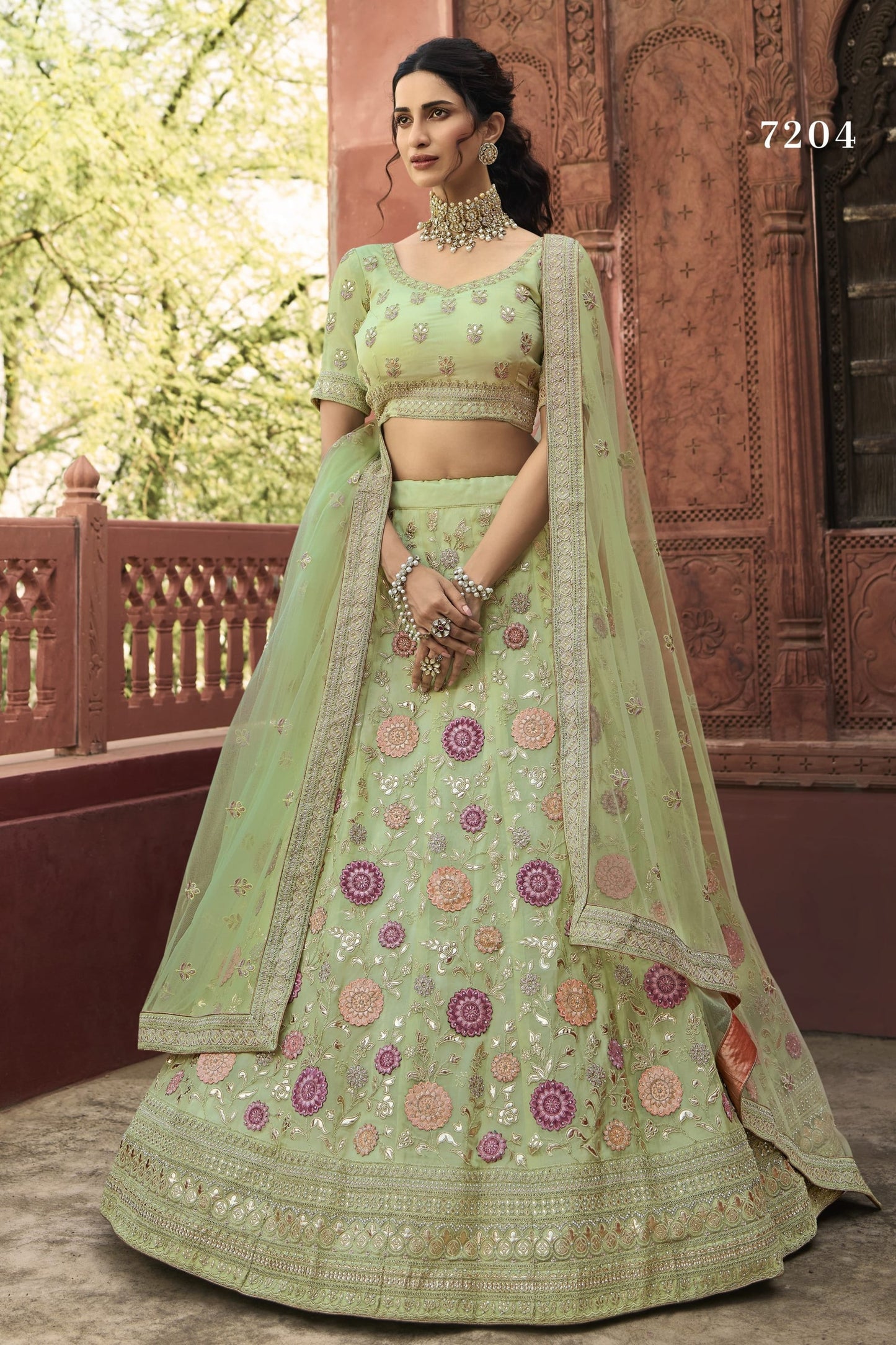 Pista Pakistani Organza Lehenga Choli For Indian Festivals & Weddings - Thread Embroidery Work, Dori Work, Zarkan Work