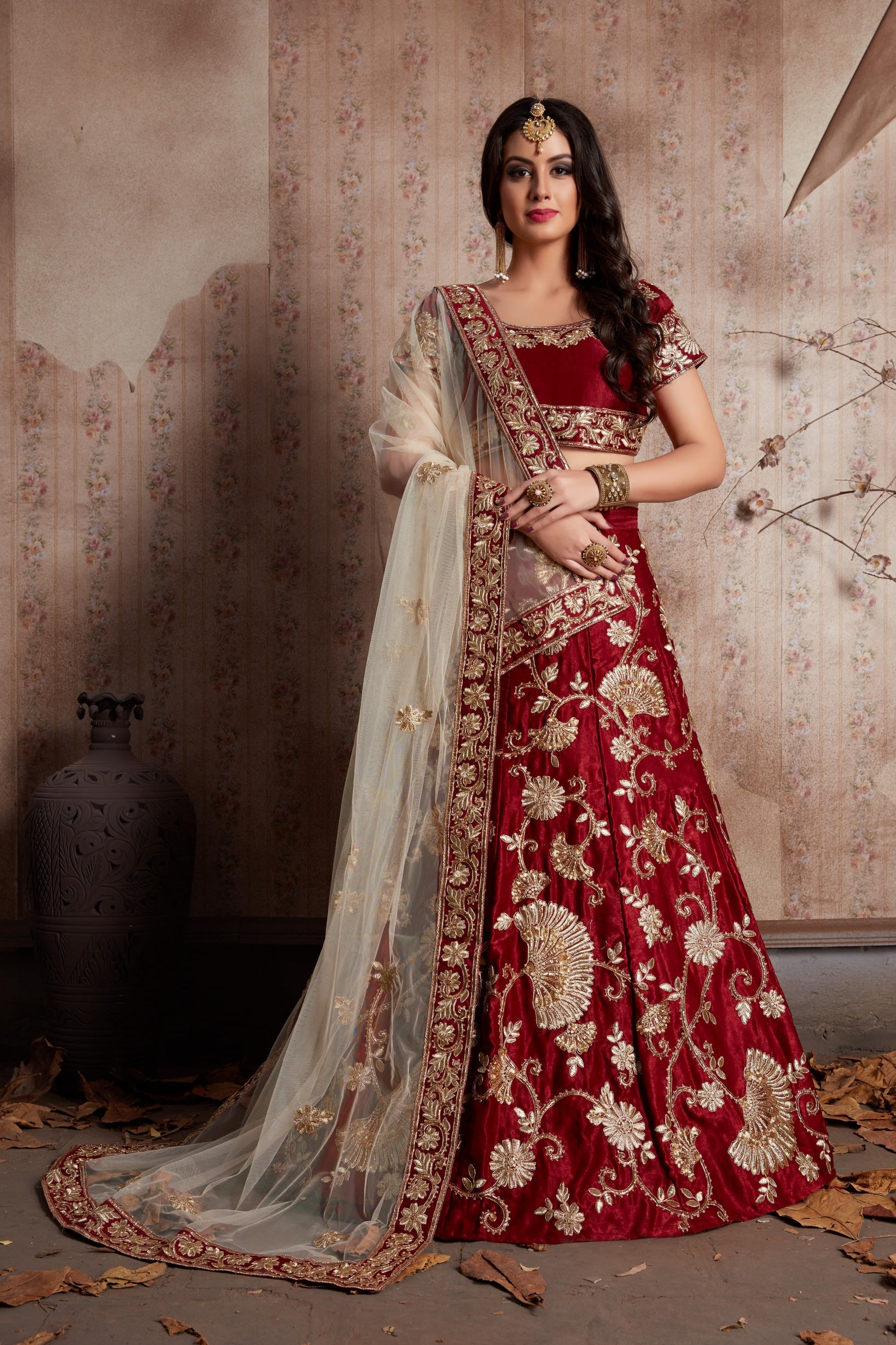 Maroon Pakistani Velvet Lehenga Choli For Indian Festivals & Weddings - Sequence Embroidery Work, Lace Work, Zari Work