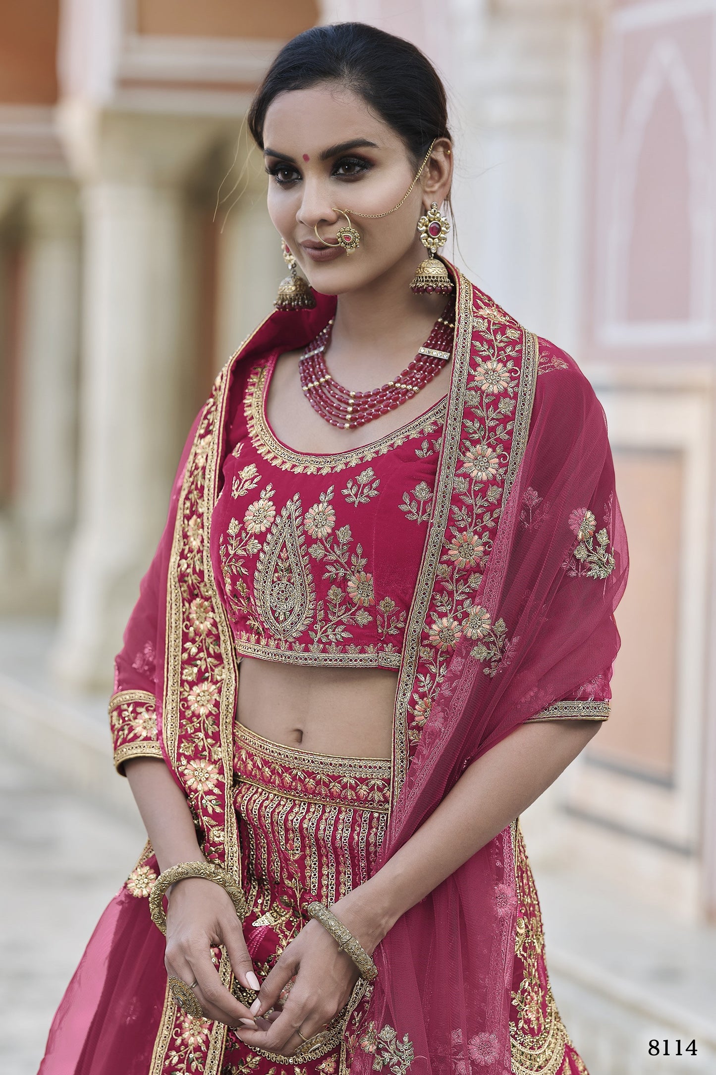 Pink Pakistani Velvet Lehenga Choli For Indian Festivals & Weddings - Thread Embroidery Work,