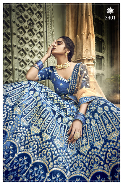 Blue Pakistani Velvet Lehenga Choli For Indian Festivals & Weddings - Thread Embroidery Work, Zari Work