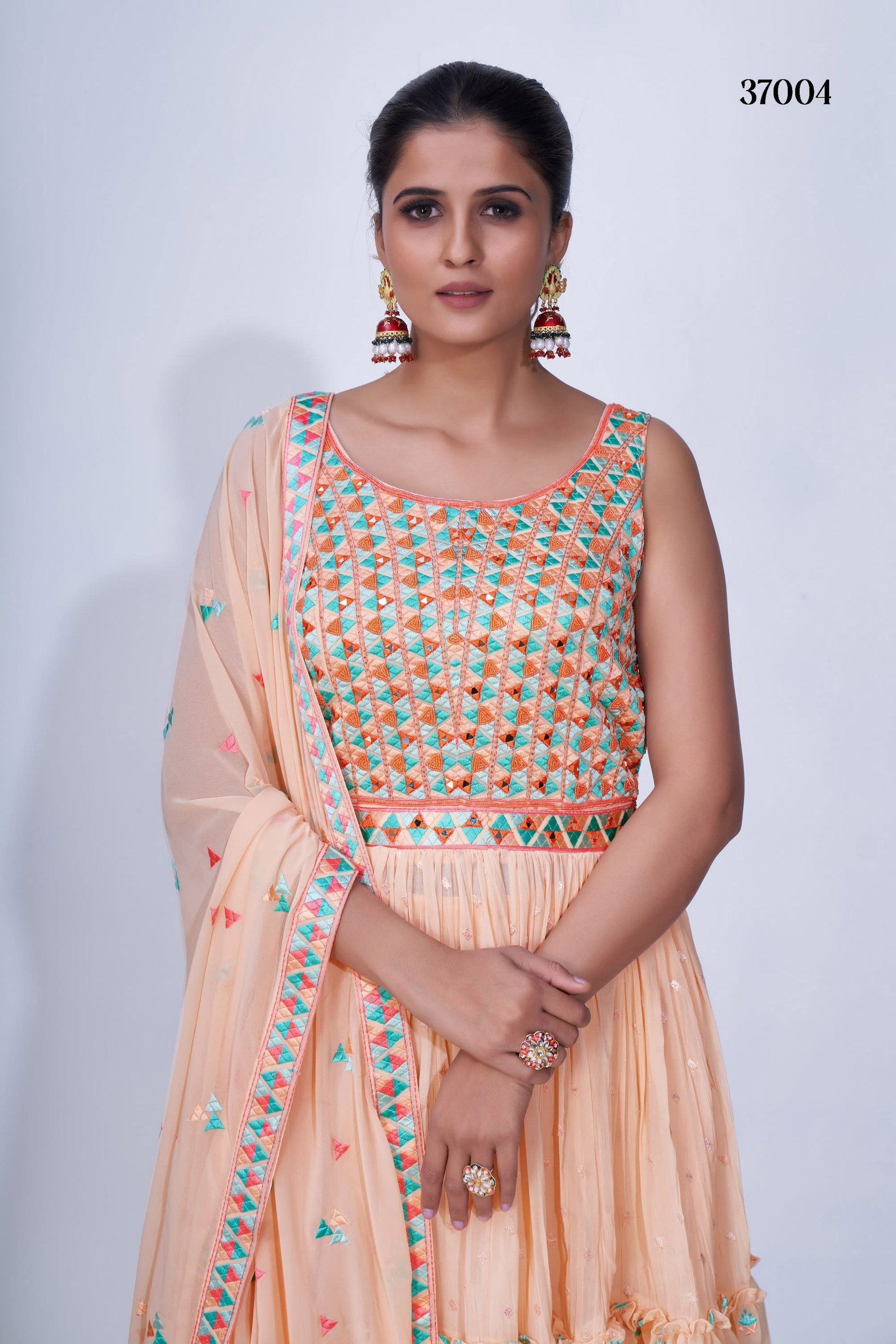 Peach Pakistani Chiffon Plazo For Indian Festivals & Weddings - Thread Embroidery Work, Mirror Work, Beads Work