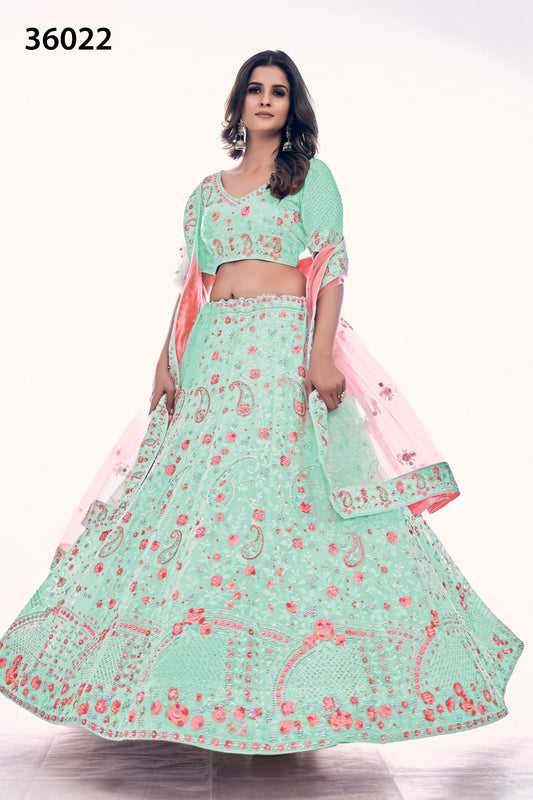 Turquoise Pakistani Net Lehenga Choli For Indian Festivals & Weddings - Sequence Embroidery Work, Thread Embroidery Work, Dori Work, Zarkan Work