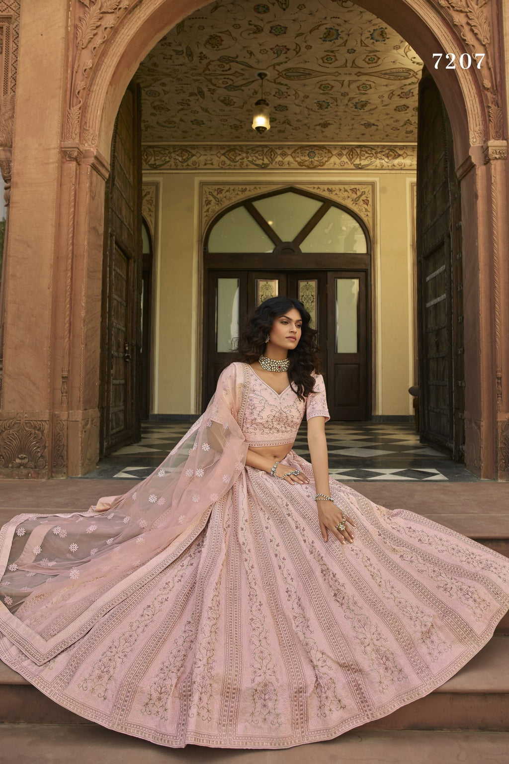 Baby Pink Pakistani Satin Lehenga Choli For Indian Festivals & Weddings - Sequence Embroidery Work, Thread Embroidery Work, Zari Work
