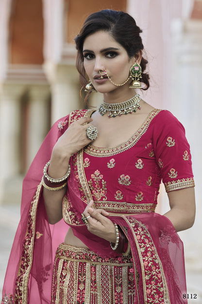 Pink Pakistani Velvet Lehenga Choli For Indian Festivals & Weddings - Thread Embroidery Work,