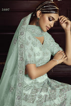 Sky Blue Pakistani Net Lehenga Choli For Indian Festivals & Weddings - , Dori Work, Zarkan Work