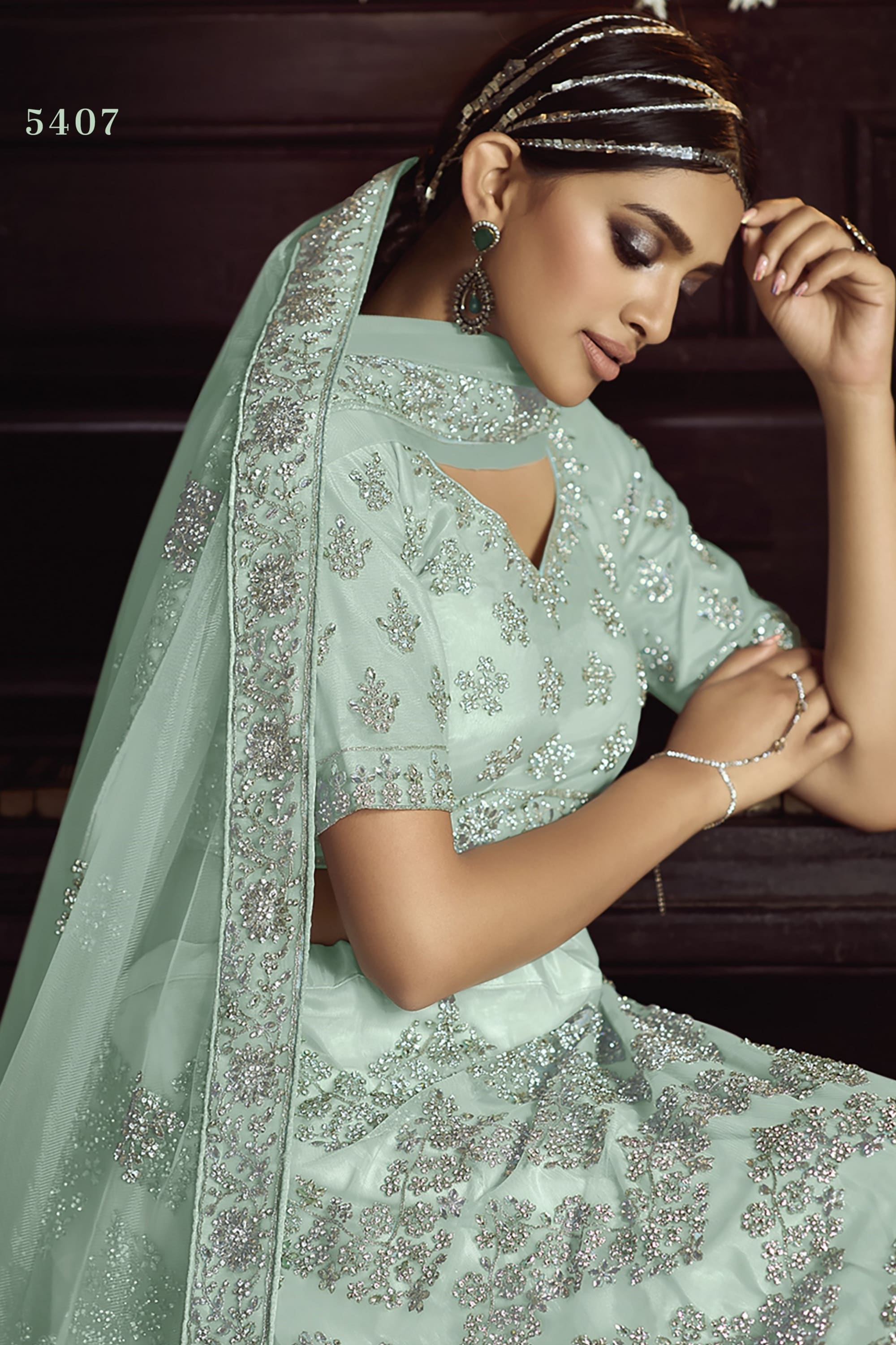 Sky Blue Pakistani Net Lehenga Choli For Indian Festivals & Weddings - , Dori Work, Zarkan Work