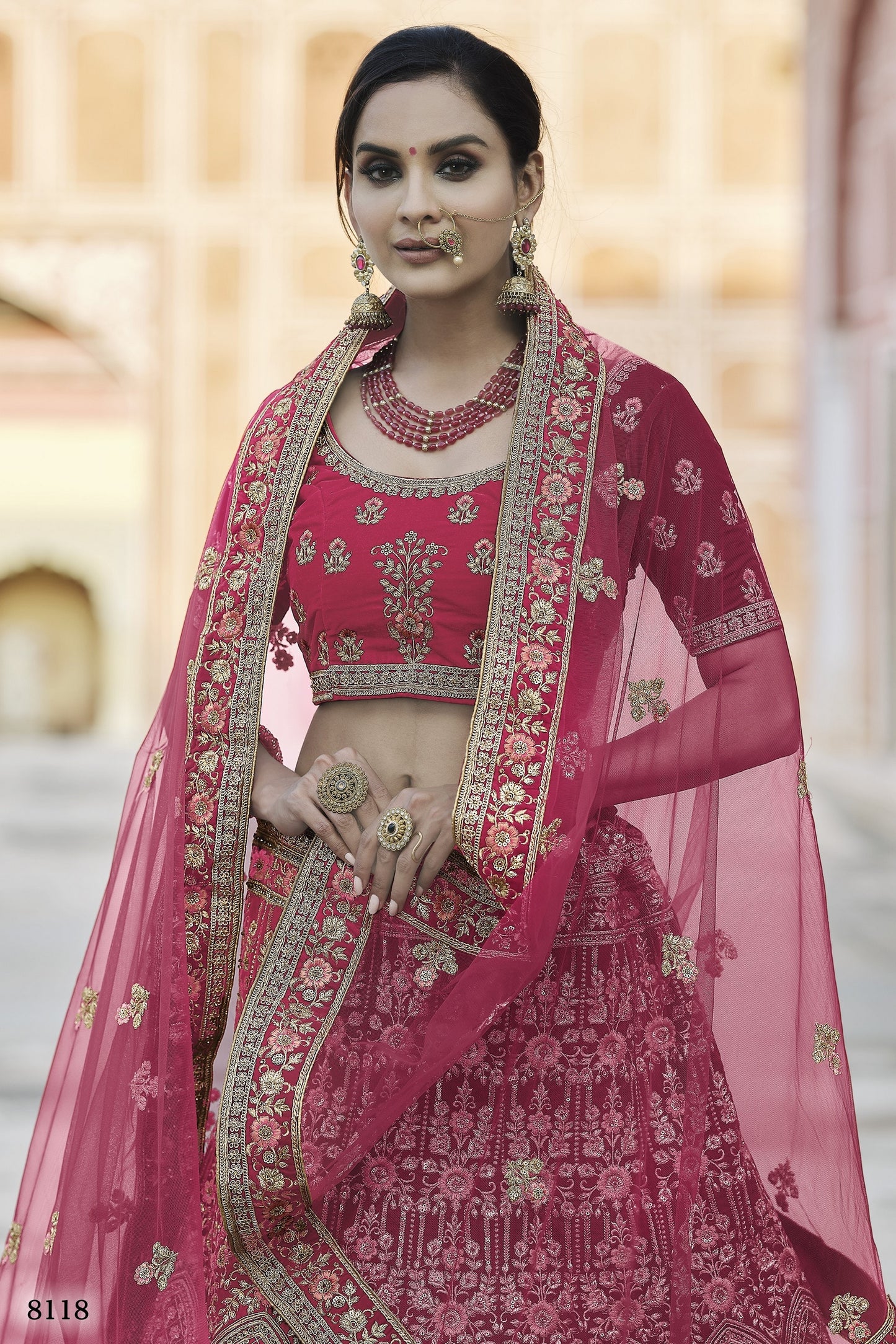 Pink Pakistani Velvet Lehenga Choli For Indian Festivals & Weddings - Thread Embroidery Work,