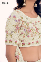 Off White Pakistani Net Lehenga Choli For Indian Festivals & Weddings - Sequence Embroidery Work, Thread Embroidery Work, Dori Work, Zarkan Work