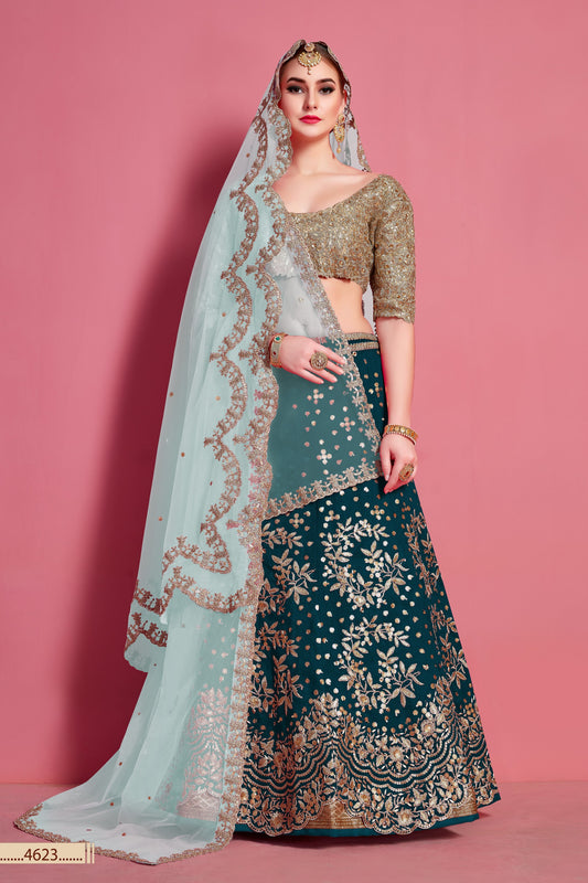 Green Pakistani Art Silk Lehenga Choli For Indian Festivals & Weddings - Embroidery Work,