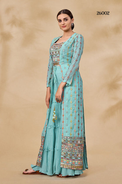 Sky Blue Pakistani Georgette Plazo For Indian Festivals & Weddings - Sequence Embroidery Work, Resham Embroidery Work, Mirror Work, Zari Work